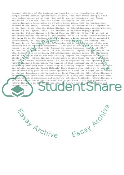 Organizational Analysis of McDonalds Corporation