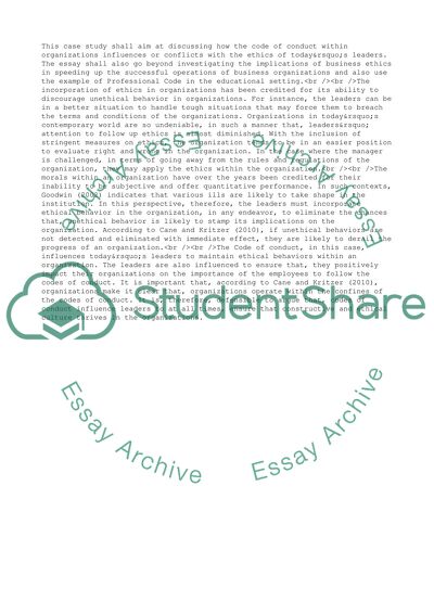 Code of Conduct and Conflict with Ethics and Values of Todays Leaders