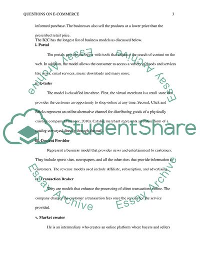 Types of Electronic Commerce and associated Business Models