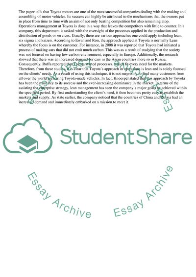 The Strategies Applied In the Operations, Information and Marketing Management at Toyota Motor Corporations