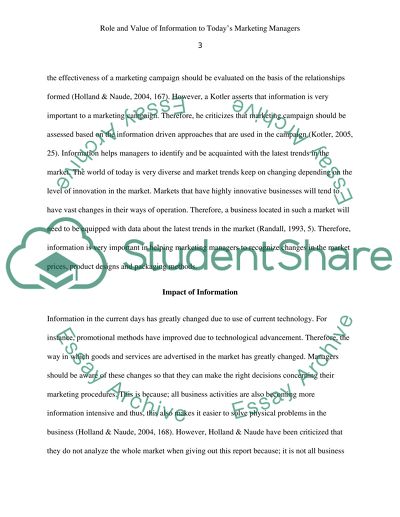 Role and Value of Information to Todays Marketing Managers