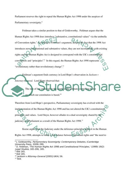 The Human Rights Act 1998 and Parliamentary Sovereignty