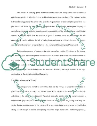 Seaworthiness under Carriage of Goods by Sea