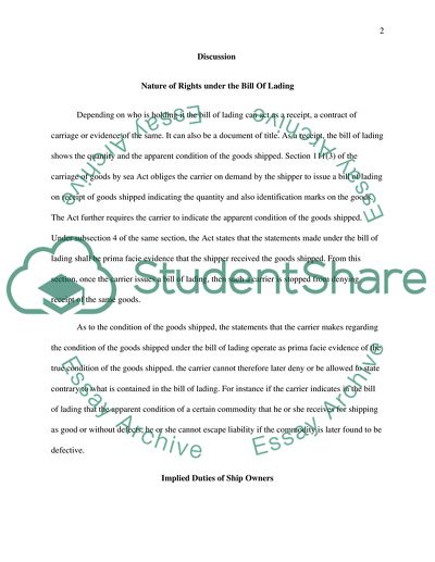 Rights and Obligations of Ship Owner under the Bill Of Lading