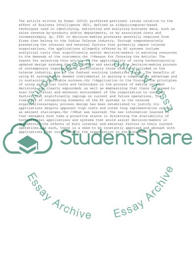 Impact of Business Intelligence Systems in Indian Telecom Industry by Kumar