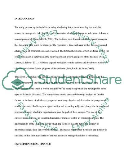 Entrepreneurial Finance and the Role of the Entrepreneurs