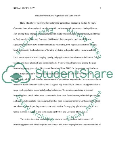 Introduction On Rural Population And Land Tenure