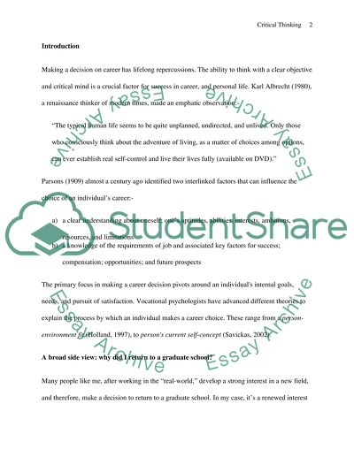 Applying Critical Thinking Skills to Make a Decision on Return to School for Graduate Study
