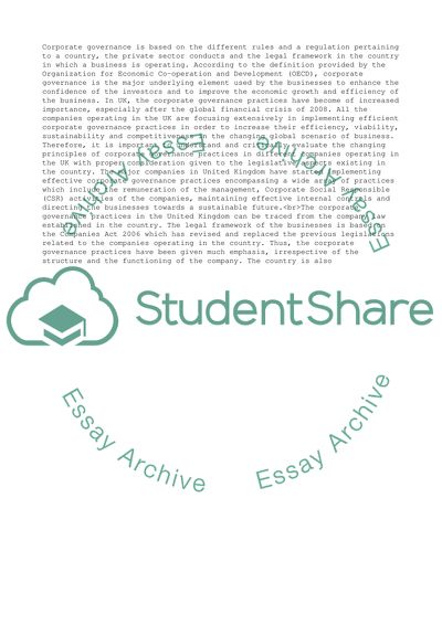 Accountability and Sustainability of Business in the UK due to Corporate Governance Practices