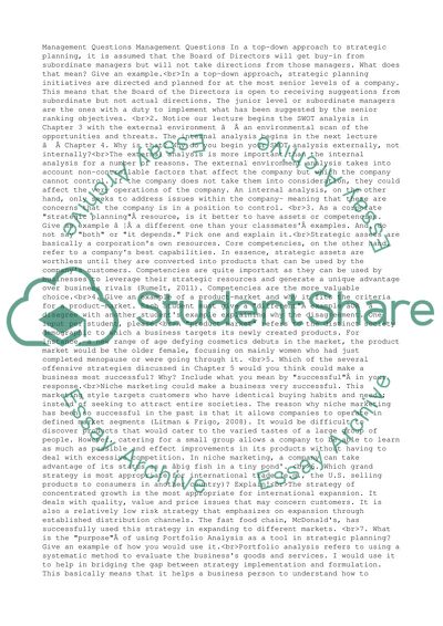 Management Questions: Approach to Strategic Planning and Strategic Planning Resource