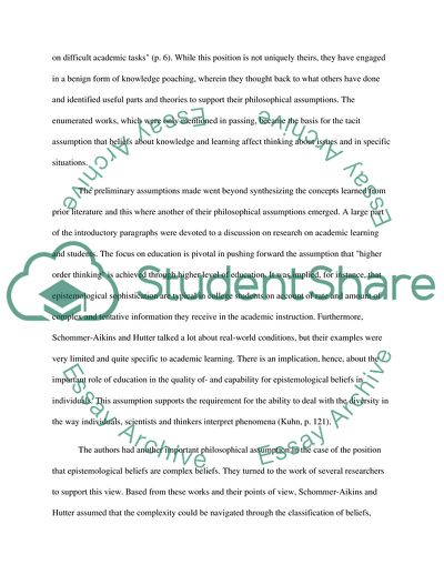 The Epistemological Assumptions Schommer-Aikins and Hutters Study