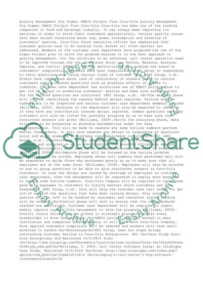 Intro to Quality Management Six Sigma: DMAIC Project Plan Coca-Cola