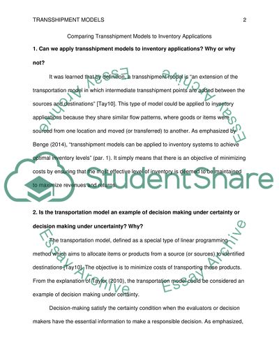 Discussion 1 Week 10 Comparing Transshipment Models to Inventory Applications