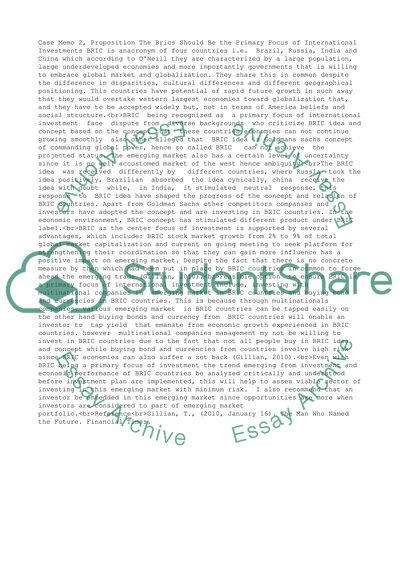 Case Memo 2, Proposition: The BRICs should be the primary focus of international investments