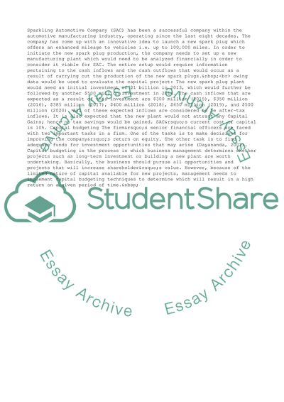 Capital Budgeting of Sparklin Automotive Company