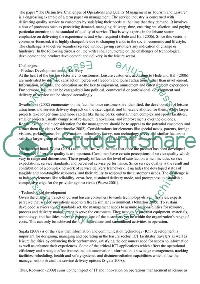 The Distinctive Challenges of Operations and Quality Management in Tourism and Leisure