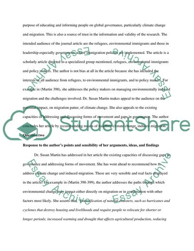 Analysis of the Article Climate Change, Migration and Governance by Dr. Susan Martin