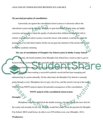 Memphis City school system & Shelby county school system a consolidated school system for or aganist