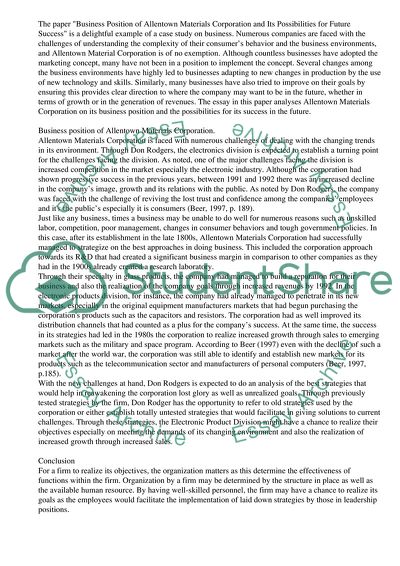 Business Position of Allentown Materials Corporation