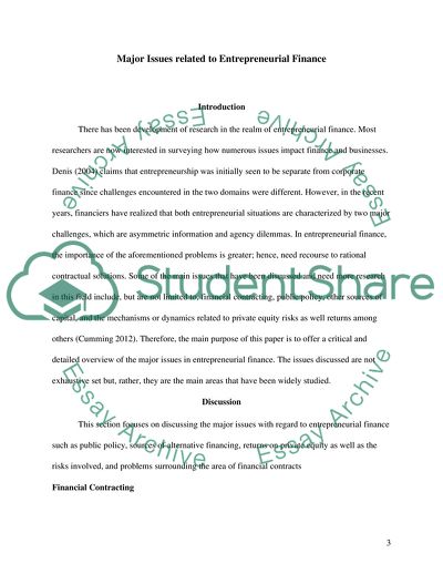 Major Issues Related to Entrepreneurial Finance