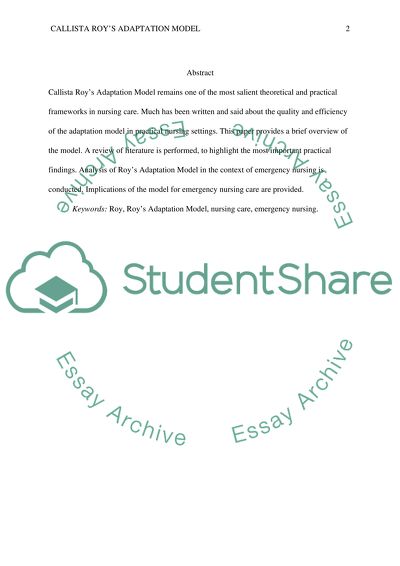 Callista Roys Adaptation Model: Implications for Emergency Nursing