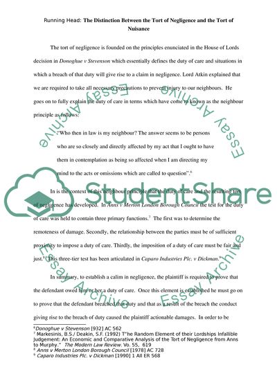 The Distinction Between the Tort of Negligence and the Tort of Nuisance