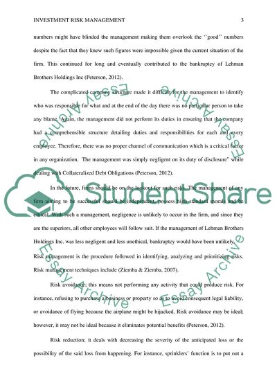 Investment Risk Management of Lehman Brothers Holdings Inc