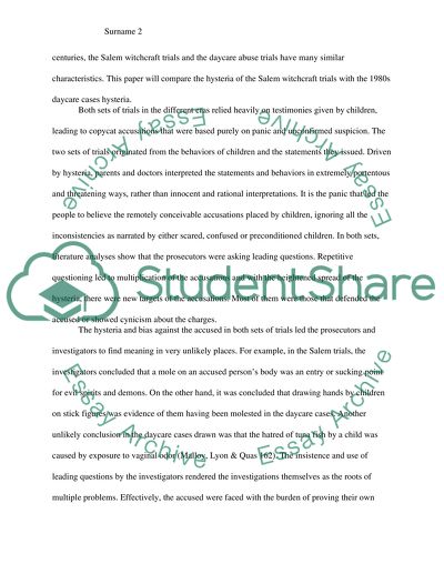 Hysteria of Salem witch trial in comparison to the 1980s day care case hysteria,