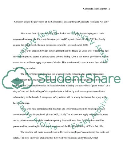 The Provisions of the Corporate Manslaughter and Corporate Homicide Act 2007