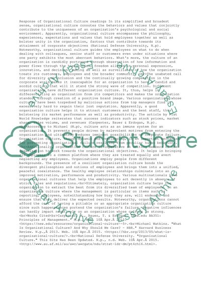 Response of Organizational Culture readings