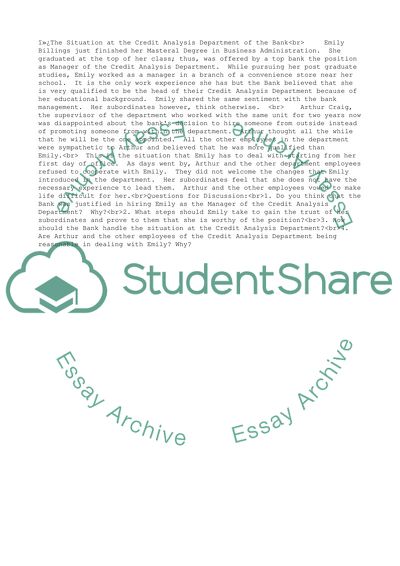 The Situation at the Credit Analysis Department of the Bank