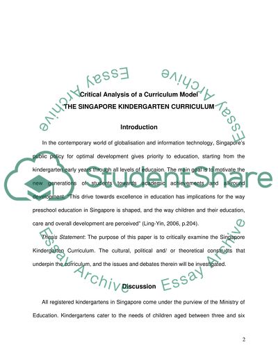 Critical Analysis of a Curriculum Model: The Singapore Kindergarten Curriculum