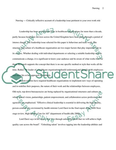 Nursing - Critically Reflective Account of a Leadership Issue Pertinent to Your Own Work Role
