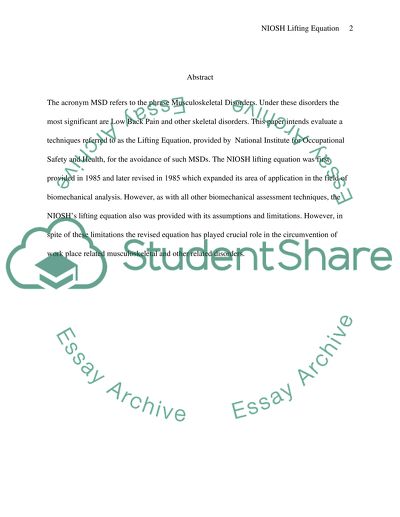 Application of the NIOSH Lifting Equation in Assessing Risk of Musculoskeletal Disorders