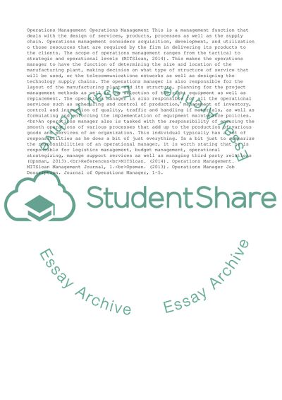 Operations Management and the Operations Manager