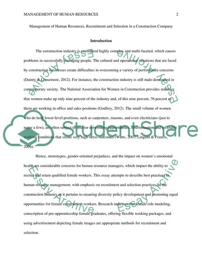 Management of Human Resources, Recruitment and Selection in a Construction Company