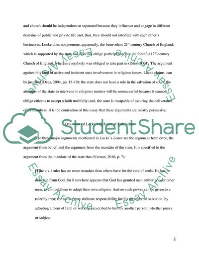 Lockes Defence of Toleration