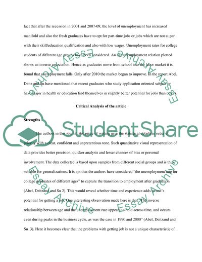 Analysis of Are Recent College Graduate Finding Good Jobs Written by Abel, Deitzand and Su