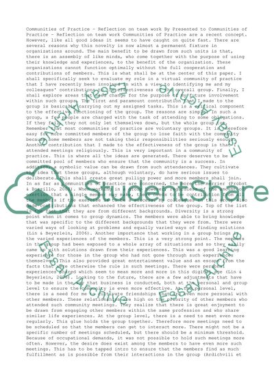 Communities of Practice - Reflection on team work