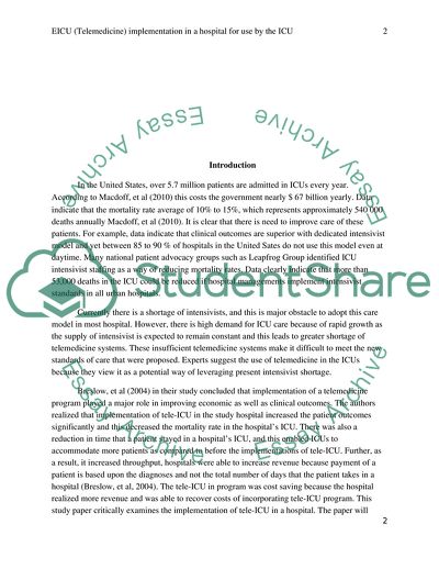 Telemedicine Implementation in a Hospital for Use by the ICU