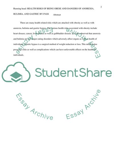 Health Risks of Being Obese and Dangers of Anorexia, Bulimia, and Gastric By-Pass