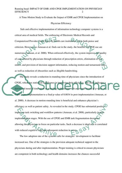 Impact of EMR and CPOE Implementation on Physician Efficiency