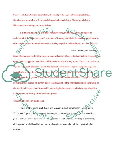 Describe and evaluate its role in understanding the psychology of adult learning of Personality