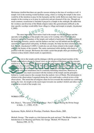 Report on a visit to a hindu temple/relgious place or worhship