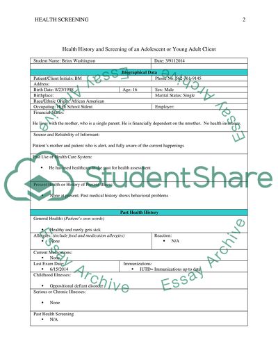 Health screening and history of and adolescent or young adult