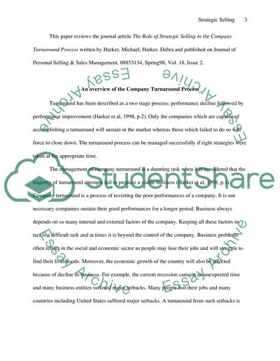 Analysis of The Role of Strategic Selling in the Company Turnaround Process Article