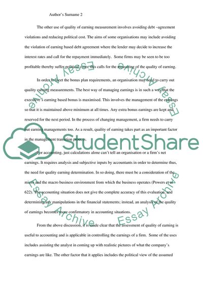Assessment of the Quality of Earning Is Useful to Accounting and Is Applicable in Controlling the Earnings of a Firm