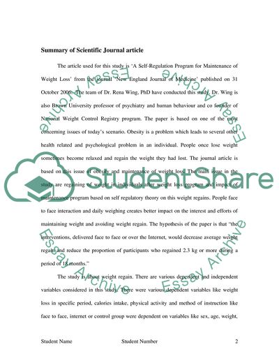 A Self-Regulation Program for Maintenance of Weight Loss