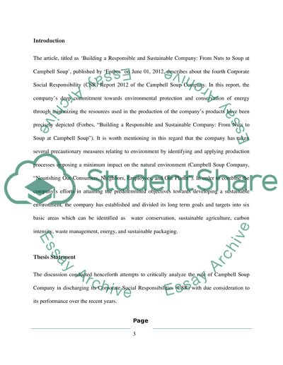 Facts Related to the CSR Activities of the Campbell Soup Company