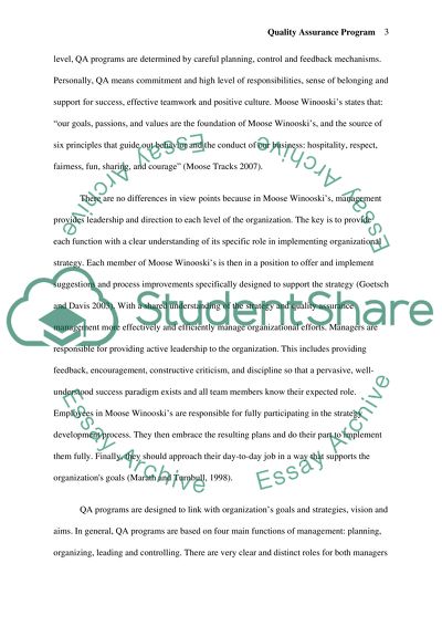 Quality Assurance Program for Moose Winooskis Restaurant